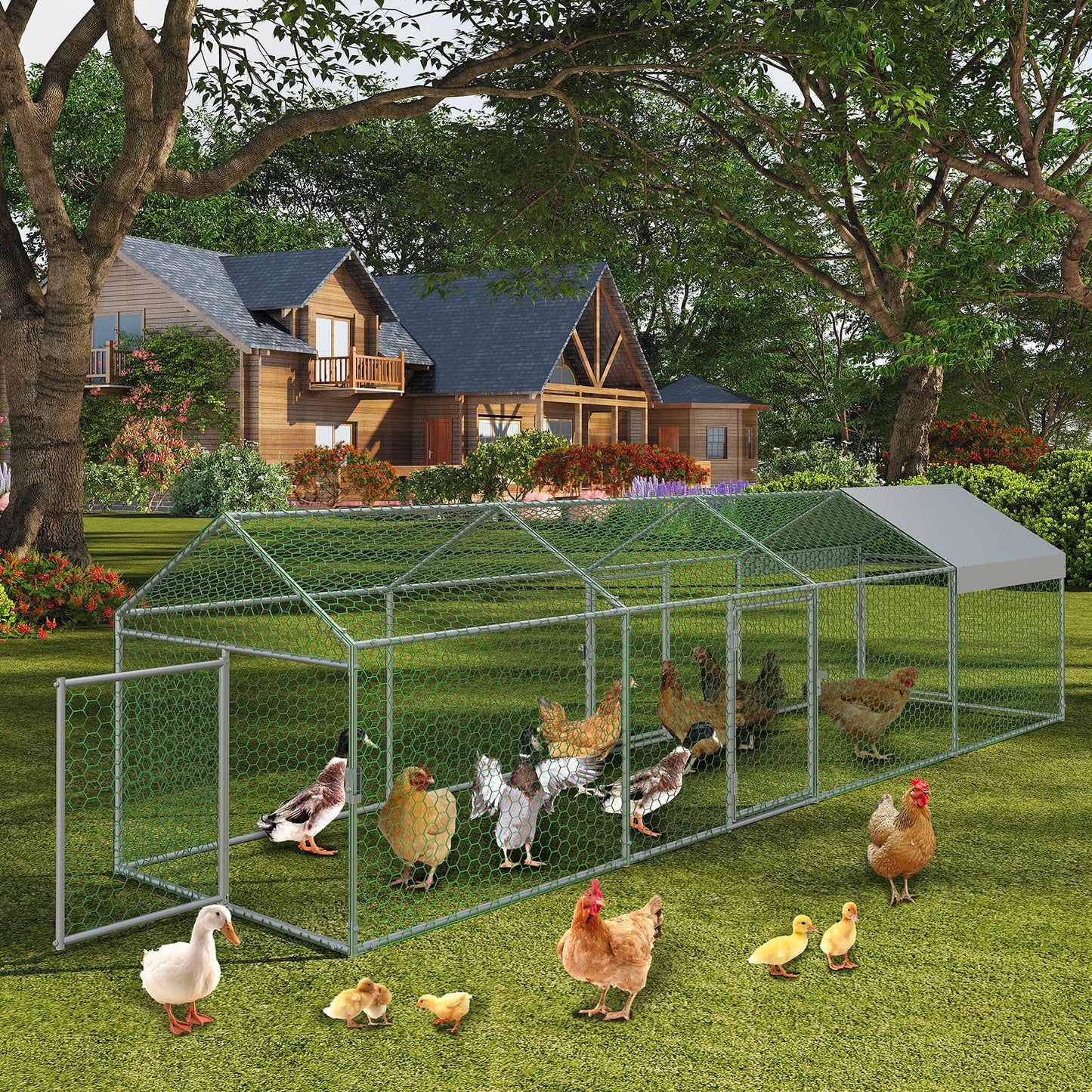 Metal Chicken Coop with Waterproof and Anti-UV Cover, 160" x40" x40" Large Chicken Run with 4 Doors, Outdoor Chicken Coop for Yard, Walk in Poultry Cage for Rabbit Duck Goose, Silver