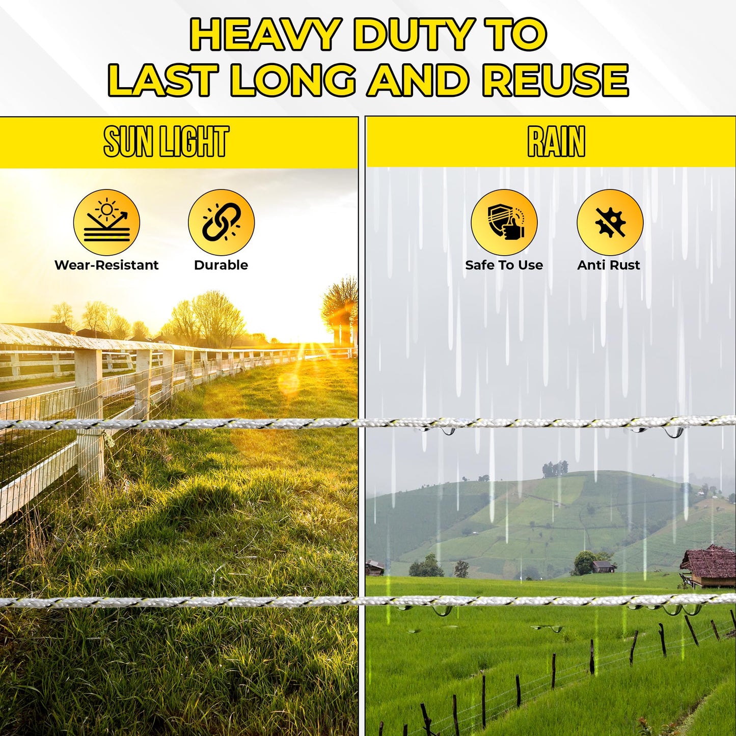Electric Fence Wire 1000 ft, 1/4 inch (6 mm), 4 Highly Conductive Tinned Copper Strands, Ideal for Temporary Pastures and Equine Containment Livestock, Work with Insulator and Charger