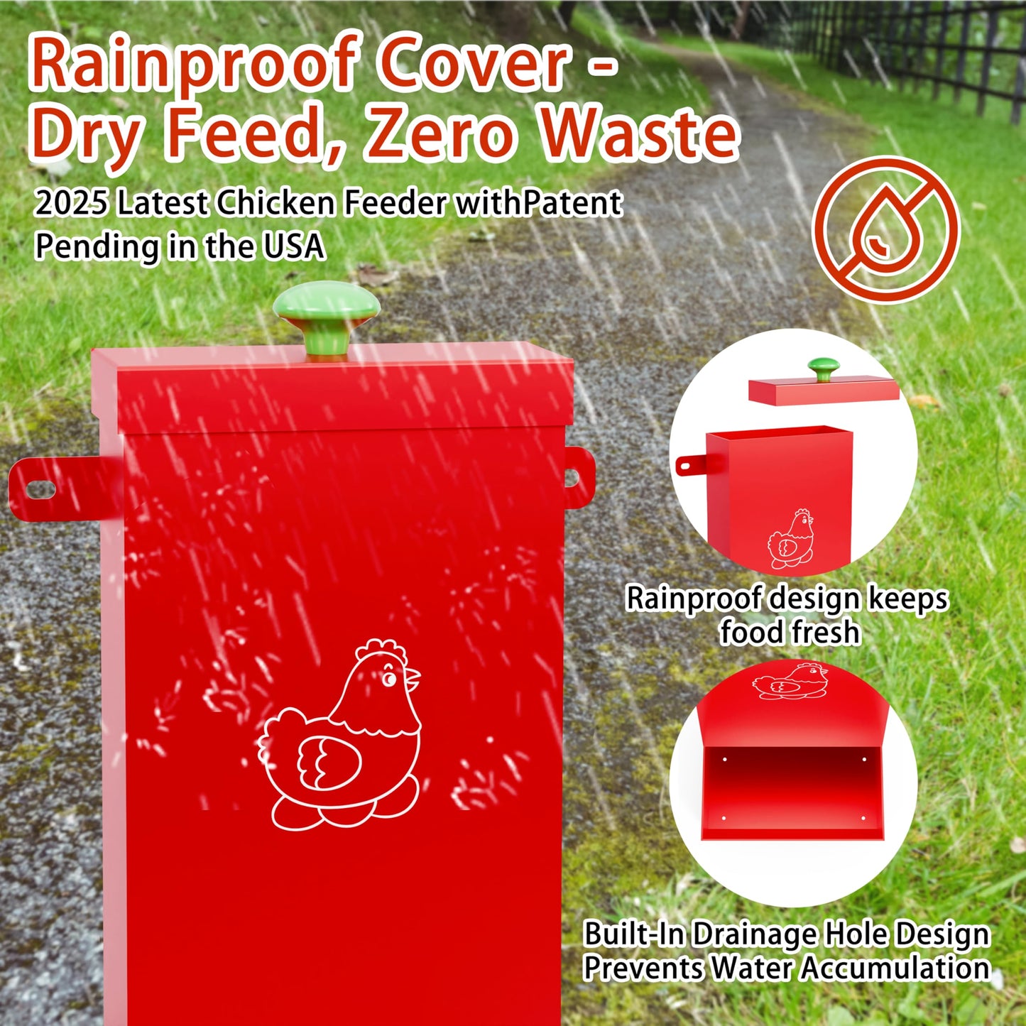 2-Pack Metal Hanging Chicken Feeder with Lid – Waterproof Gravity Poultry Feeder Trough, Automatic Chicken Coop Accessories (Black + Red)