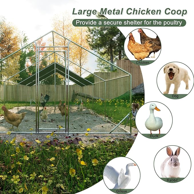 Large Chicken Coop,Metal Chicken Run for Yard with Door,Outdoor Galvanized Wire Poultry Chicken House with Waterproof and Anti-UV Cover,Duck Rabbit Cage (10' L x 20' W x 6.56' H)