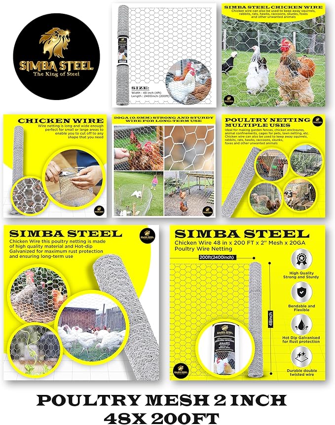 Chicken Wire 48 in x 200 FT x 2” Mesh x 20GA | Poultry Wire Netting | Hot Dipped Galvanized | Chicken Coop, Rabbit Cage, Fence Barrier (48 x 200 x 2)