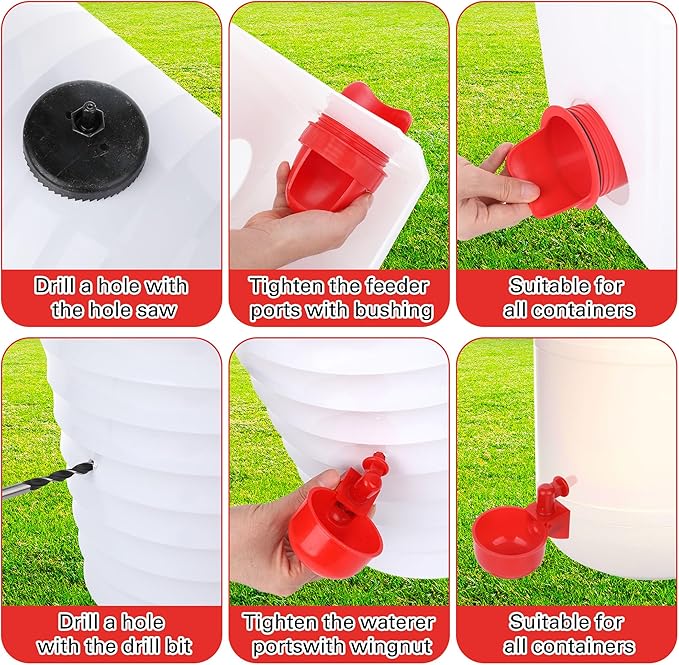 14 Pcs Chicken Feeder and Waterer Kit - No Waste Automatic Poultry Feeder Ports Water Cups with Hole Saw - DIY Gravity Feeder for Buckets Barrels Bins - Fit Chickens Ducks Birds Quail
