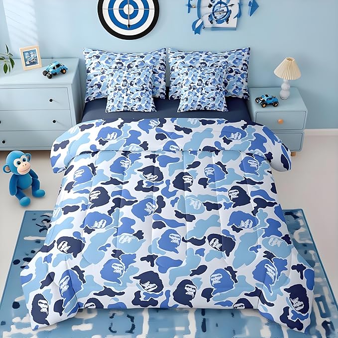 Camo Comforter Set Queen Size 7 Pieces Camouflage Bedding Set for Kids Boys Girls Camo Monkey Bed in a Bag with Comforter, Sheets, Pillowcases, Cushion Covers Hunting Bedroom Decor Blue and Black