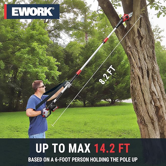 EWORK 20V 8-Inch Cordless Pole Saws for Tree Trimming, Extension Up to 14.2-Ft, Lightweight Only 6.5 Lbs, Auto Oiling Electric Pole Saw Battery Powered with Battery and Charger - EK-TT2008HH