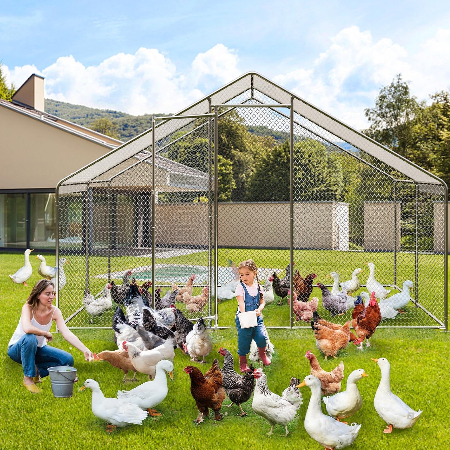 OutdoorVibe Large Metal Chicken Coop, Walk-in Chicken Run for Yard with Anti-Ultraviolet Cover, Spire Shaped Coop for 6-20 Chickens (9.8 * 13.1 * 6.6FT)