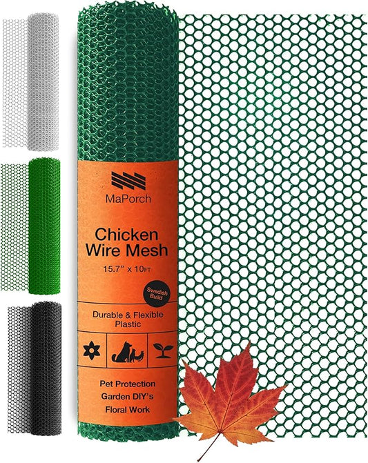 MaPorch Plastic Wire Mesh Fence - Hunter Green, 15.7" x 10 ft - Plastic Chicken Wire Fencing for Dogs, Rabbits & Poultry - Chicken Netting Barrier - Balcony Netting for Pets - Balcony Cat Barrier