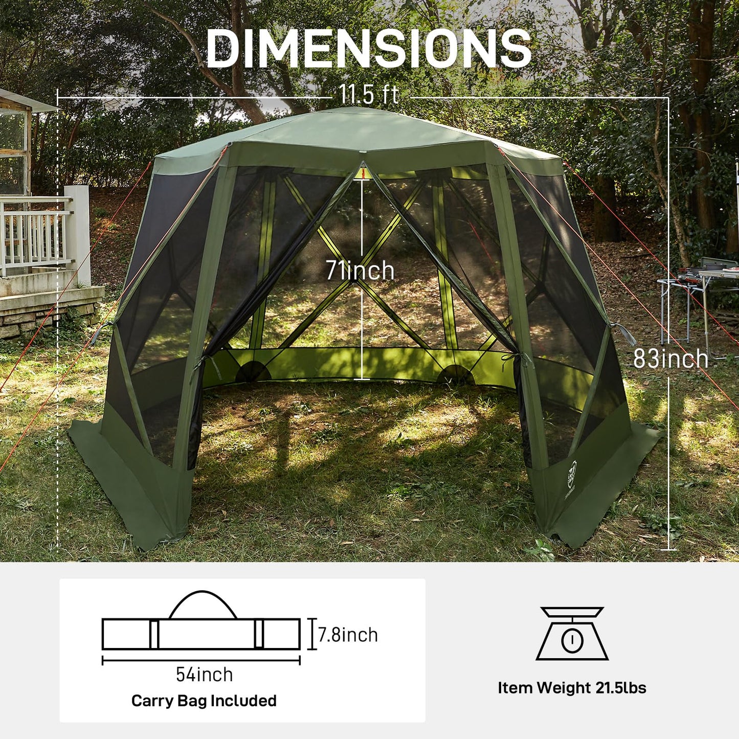 EVER ADVANCED Pop up Screen House Tent for Camping 11.5 x 9.8 ft, Instant Screened Gazebo Canopy with Netting, Portable Shelter Enclosure for Outdoor, Backyard