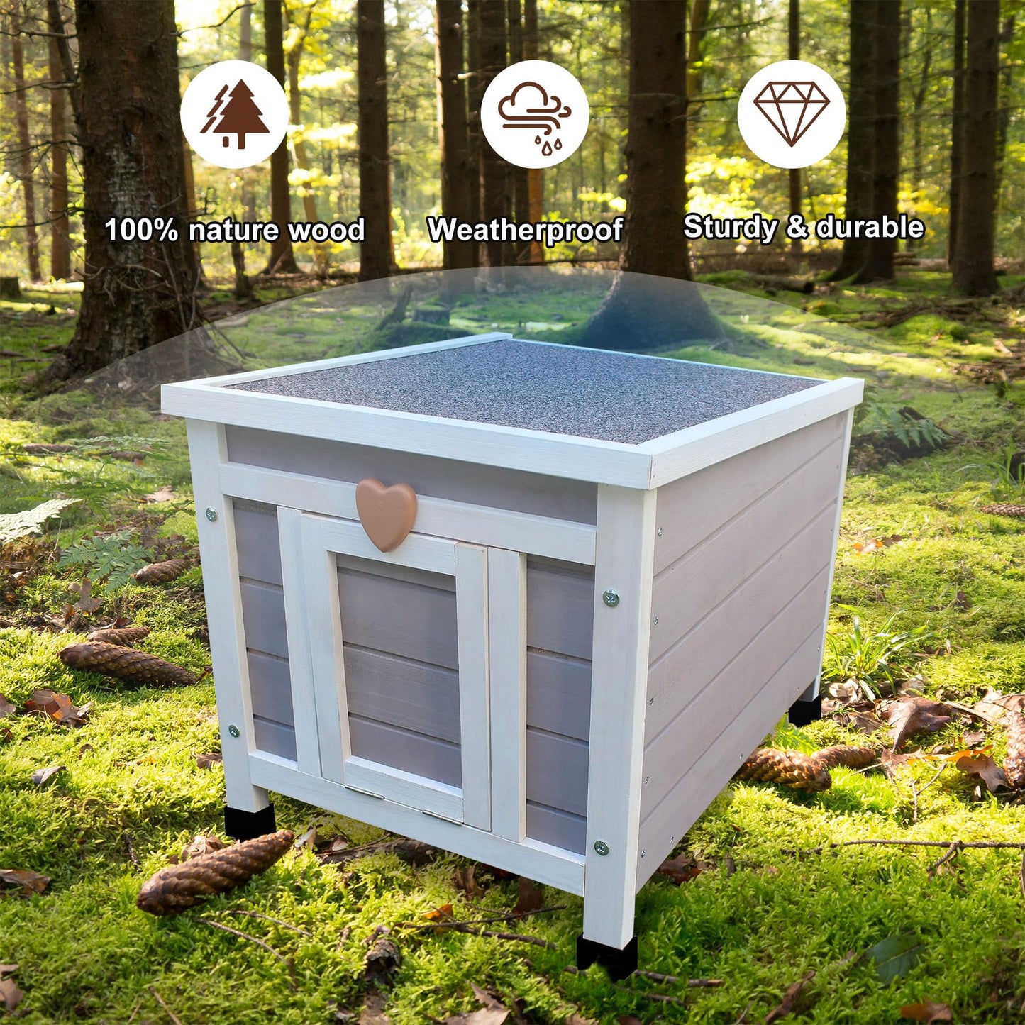 Rockever Outdoor Cat House,Outdoor cat Houses for Feral Cats Weatherproof Rabbit Hutch Small, Wooden Small Pet House and Habitats-Grey