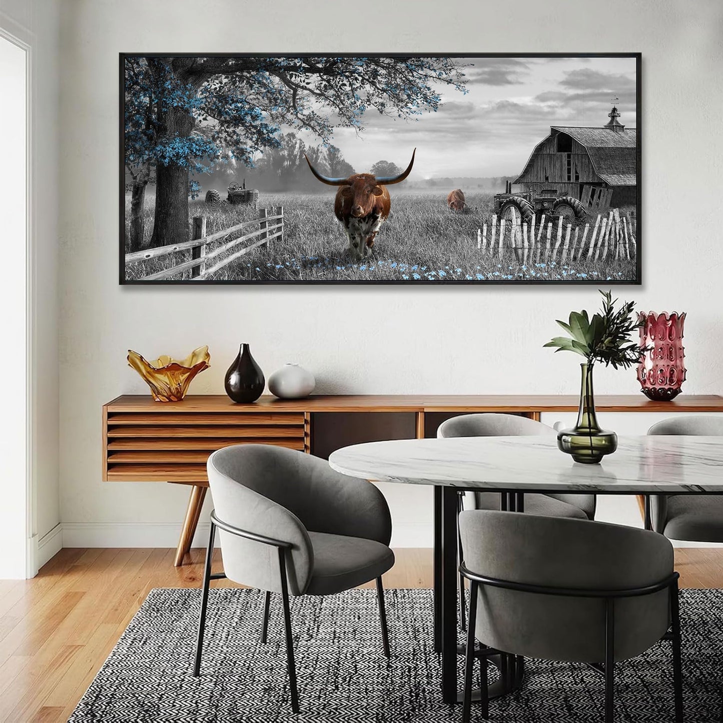 yiijeah Rustic Wall Art - Western Home Decor Cow Picture Extra Large Wall Decr Rustic Longhorn Living Room Bedroom Canvas Framed Artwork Farmhouse Decor