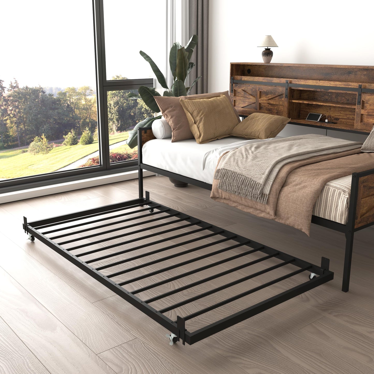 KEIKI Twin Daybed with Trundle, Farmhouse Daybed Frame with Sliding Barn Door Headboard, Charging Station & LED Lights, Convertible to 2 Twin Beds or Sofa Bed, Rustic Brown