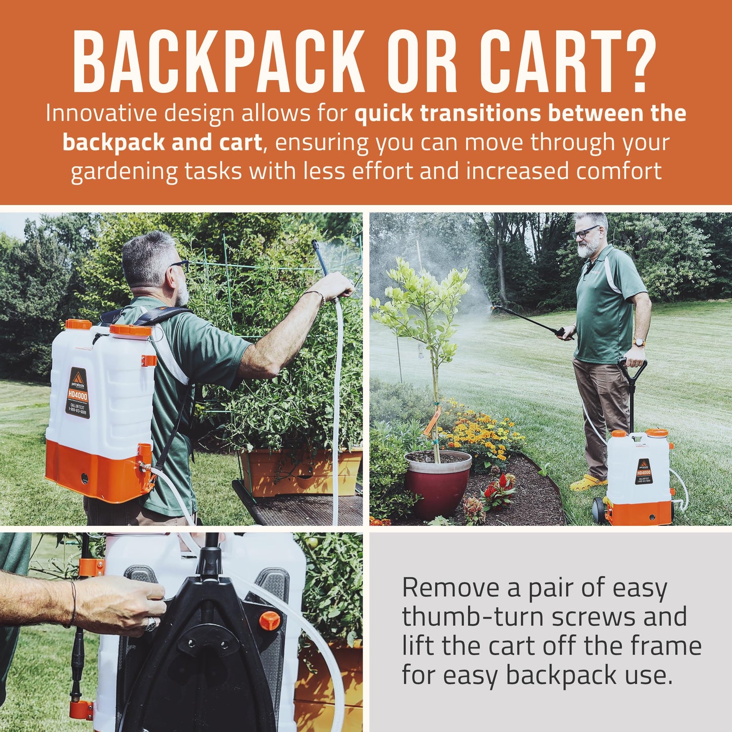 PetraTools Battery Powered Backpack Sprayer 4 Gallon - 6 Hours Long Battery Life & Padded Straps for Comfort - HD4000 Electric Backpack Garden Sprayer with 6 Spray Nozzles (HD4000 with Cart)