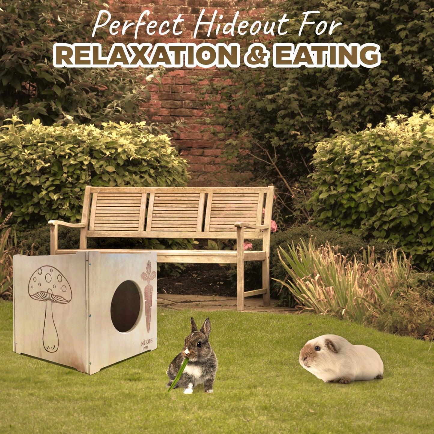 NIKOS PETS - Wooden Rabbit Hideout, Rabbit Bed, Indoor Hutch, Bunny House Pet for Bunnies, Guinea Pigs, Outdoor Shelter Hut, Small Animal Hideaway, Bunny Playground (12.5 x 12.5 in)