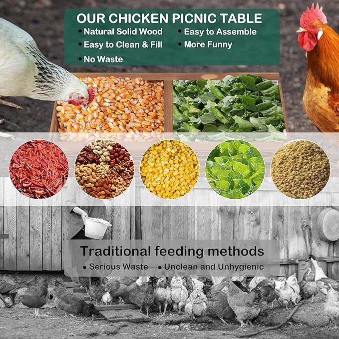 Chicken Feeders and Waterers, Chicken Feeder No Waste Kit with Picnic Table and 2 Water Feeder, Handmade Wooden Chicken Supplies & Accessories for Chicken Coop