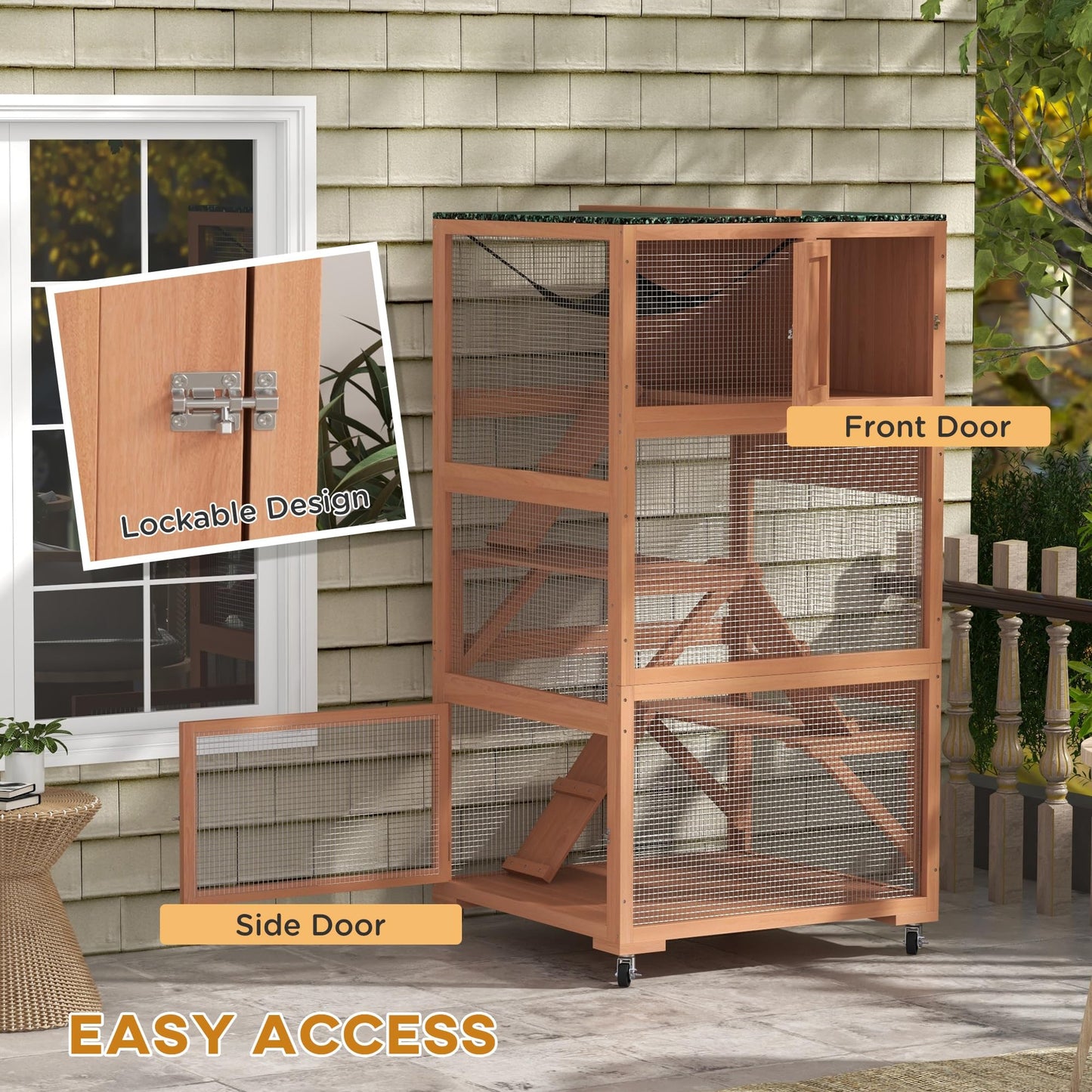 PawHut 2 Piece Catio, Outdoor Cat Enclosure House, Wooden Feral Cat Shelter on Wheels, Cat Cage with Hammocks, Platforms Ramps, and Weather Protection Asphalt Roof, 34", Orange