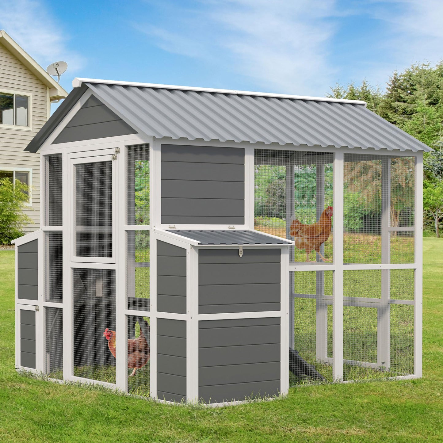 YOPTO Chicken Coop for 10 Chickens,Extra Large Wooden Chicken House Outdoor Nest Box Hen Houses with 2 Chicken Nesting Boxes,Poultry Pet Hutch w/Walk in Desgin,Ramp and Run,Waterproof Roof