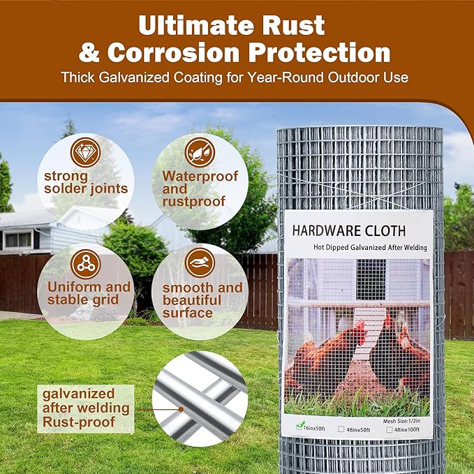 Chicken Wire Fencing Hardware Cloth 1/2 inch 19 Gauge Rust-Resistant Mesh Roll with Snips/Gloves for Chicken Coop/Vegetable/Garden/Plants/Poultry Enclosures/Tree/Gutter Guards 16 inch x 50 ft