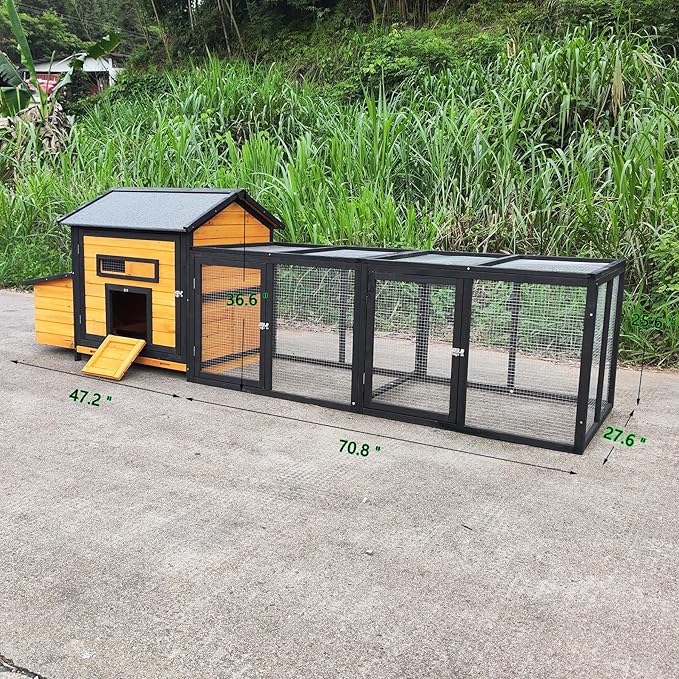 118" Large Wood Chicken Coop,Outdoor Hen House with Nesting Box Poultry Cage,Oversized Enclosed Run,Hen Coop with Leak-Proof Pull-Out Tray,Asphalt Roof & Free-Range Doors,Black+Gold