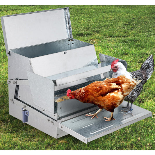 Domenow Chicken Treadle Feeder, Poultry Feeder, 30lbs Automatic Chicken Feeder with Sides Buffer System, for 15-20 Chickens