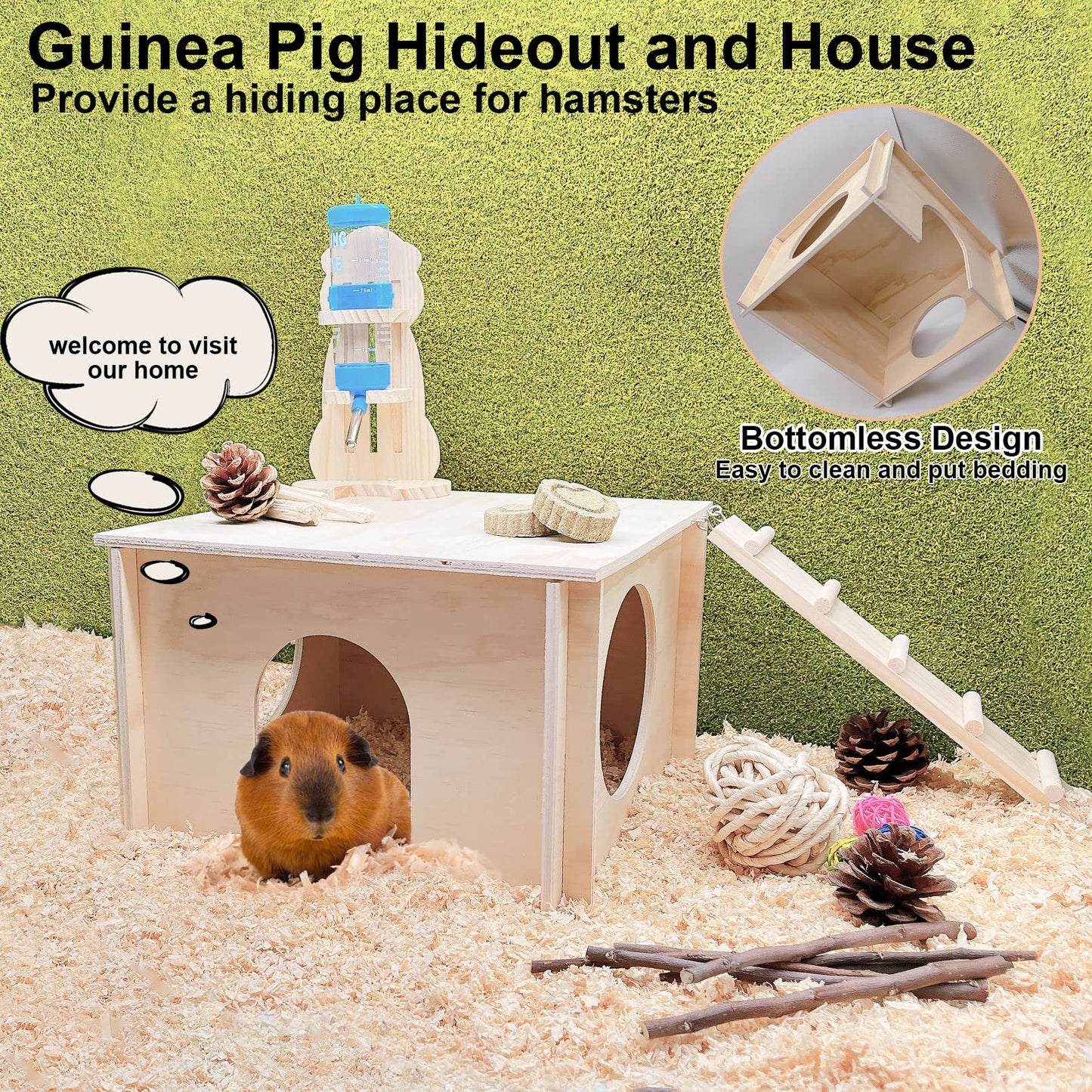 kathson Guinea Pig Hideout House,Wooden Chinchilla Hide Hut with Climbing Ladder and Windows, Hamster House for Mouse Hedgehog Squirrel Mice Gerbils Hiding Sleeping and Playing