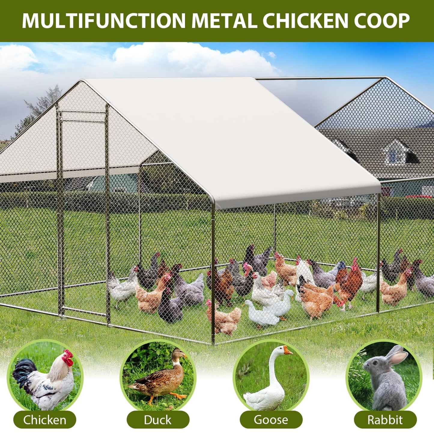 OutdoorVibe Large Metal Chicken Coop, Walk-in Chicken Run for Yard with Anti-Ultraviolet Cover, Spire Shaped Coop for 6-20 Chickens (9.8 * 13.1 * 6.6FT)