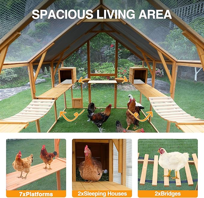 109.6'' Large Wood Chicken Coop Enclosures,Walk-in Poultry Cage, Chicken Run Pen Duck House with Walking Platforms & 2 Napping Houses,Waterproof and Anti-Ultraviolet Cover,Yellow