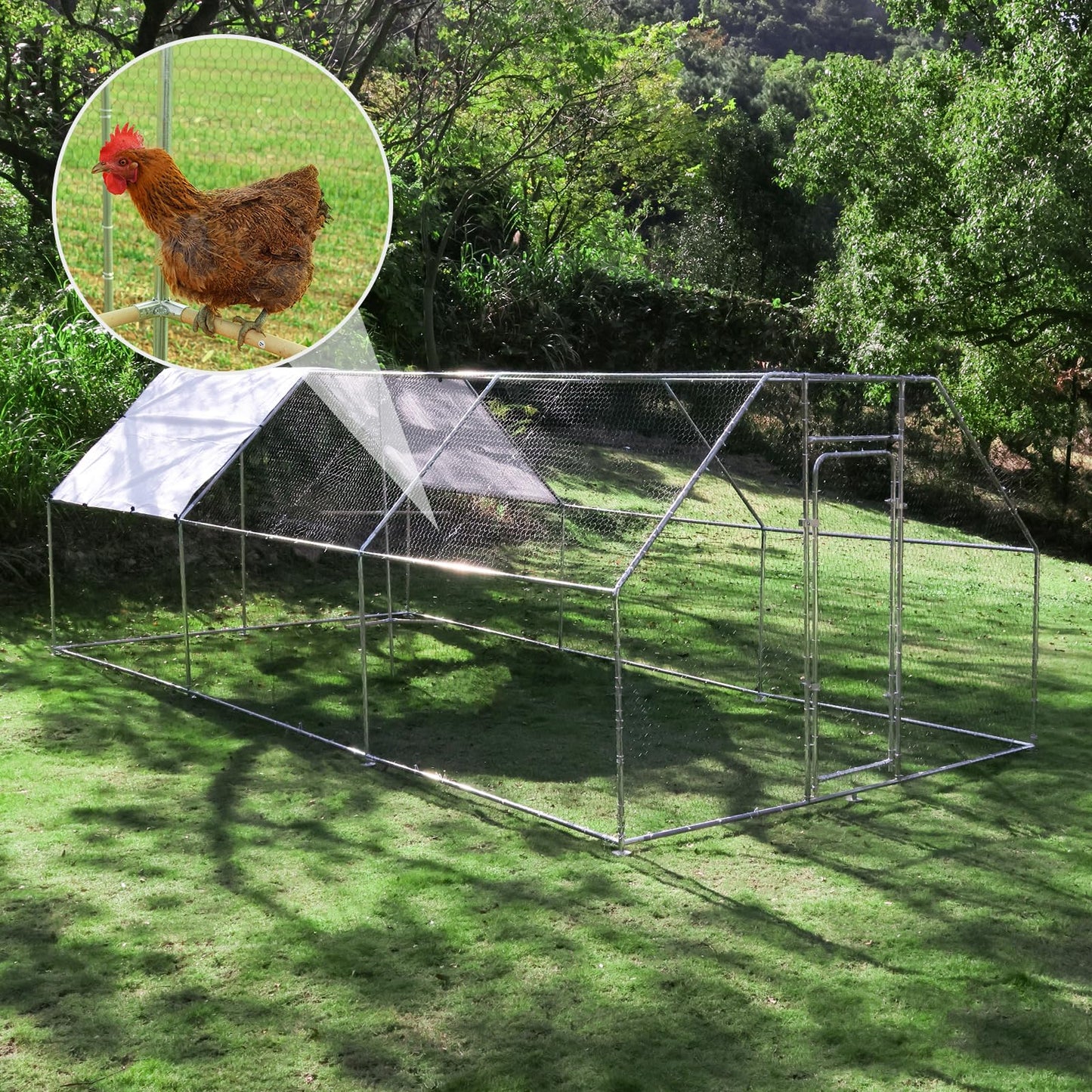Chicken Coop Large Metal Chicken House/Pen with Climbing Frame for 15-20 Chickens, Outdoor Walk-in Poultry Cage Flat Shape for Ducks, Rabbits, Dogs Etc, Silver (236" L x 117.6" W x 78.7" H)