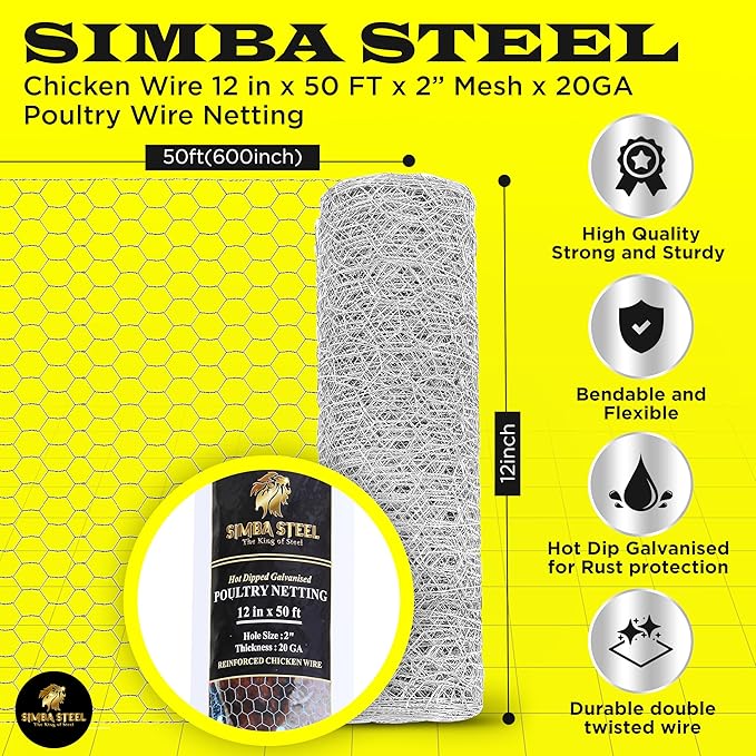 Chicken Wire 12 in x 50 FT x 2” Mesh x 20GA | Poultry Wire Netting | Hot Dipped Galvanised | Hexagonal Galvanized Mesh for Chicken Coop, Rabbit Cage, Fence Barrier PM12x50x2