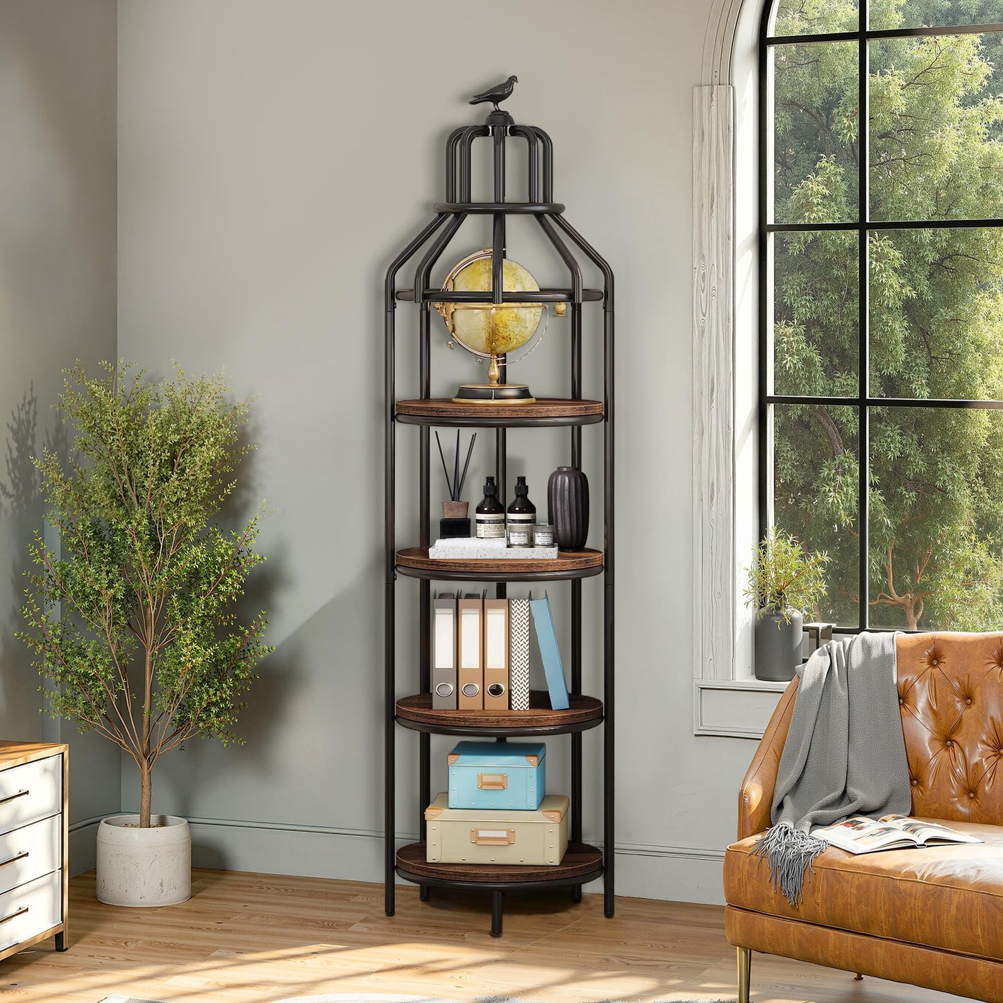 NicBex 70.86" Narrow Bookcase Bookcase with Bird Cage Design,4-Tier Bookshelf Storage Organizer,Metal Plant Stand for Bedroom, Living Room, Office, Brown & Black