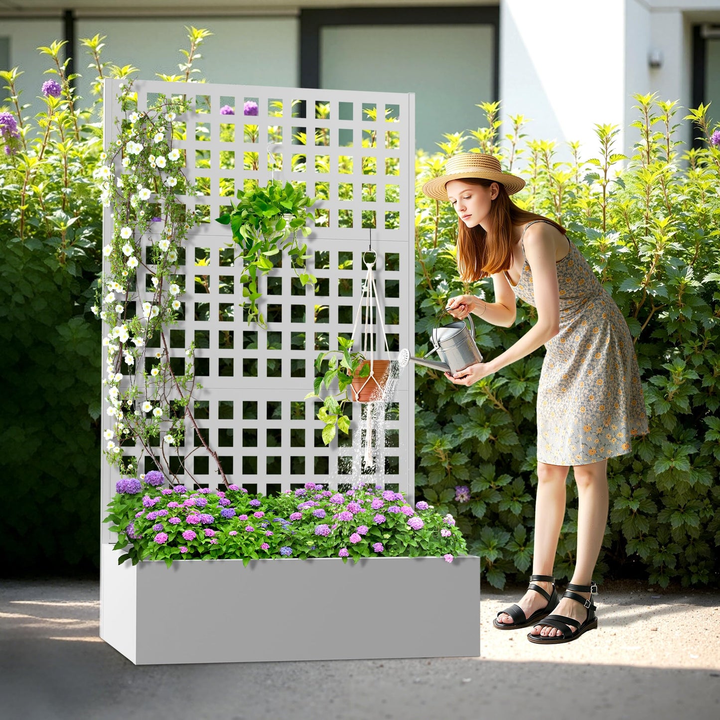 TOAOTBNBO Metal Planter Box with Trellis, Heavy-Duty Raised Garden Bed for Climbing Plants, Drainage Hole, Outdoor Planter Box with Privacy Screen，47''L×16''W×71''H