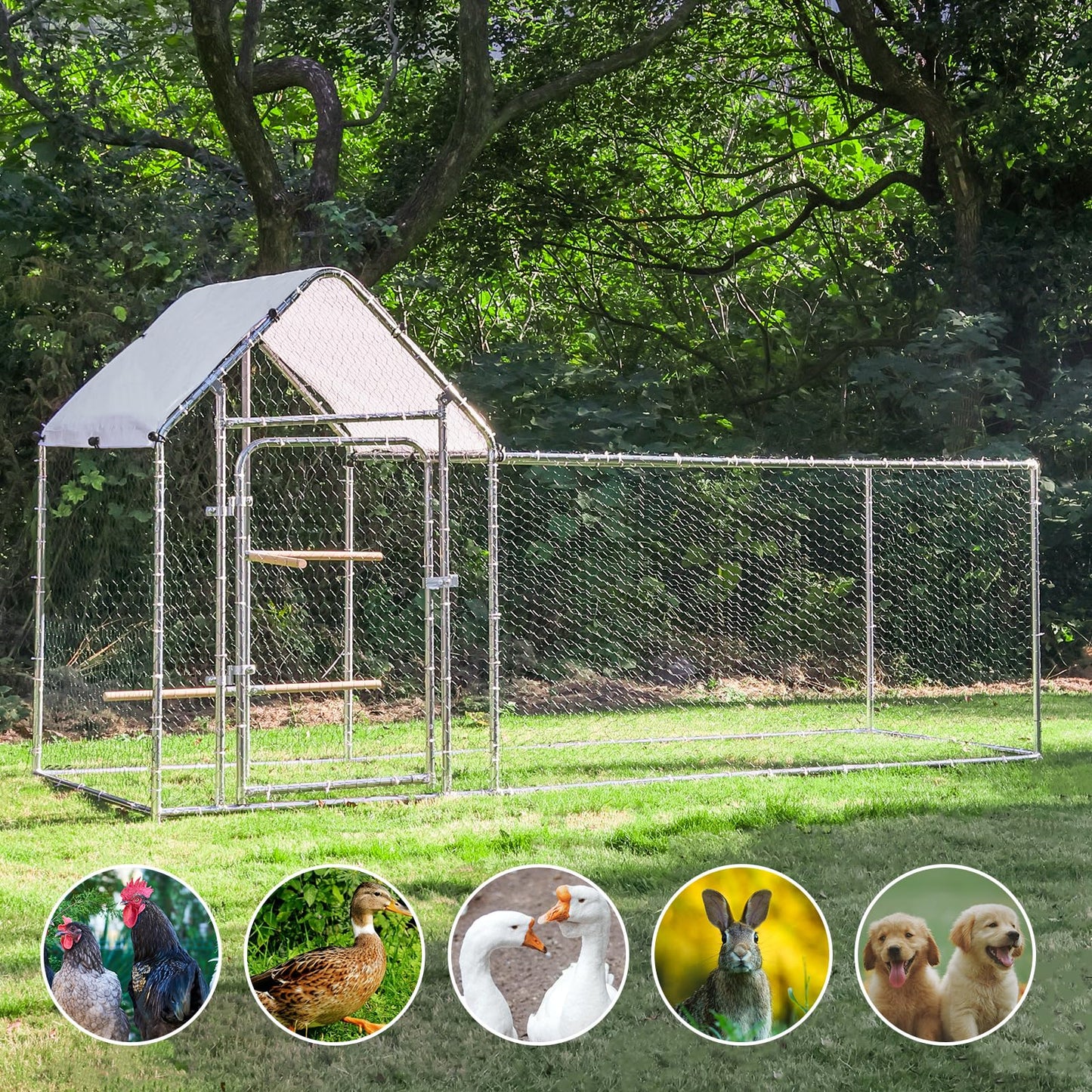 Large Metal Chicken Coop Run, Outdoor Walk-in Poultry Cage with Spire Roof, for Hen House, Duck Coop and Rabbit Run, Silver (9.8' L x 3.28' W x 4.92' H)