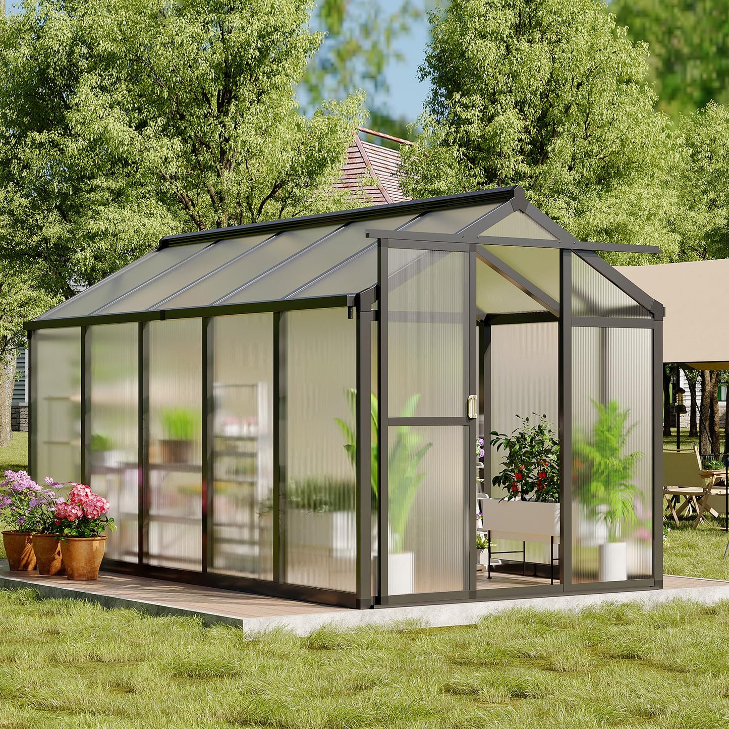 6x10 FT Greenhouse, Greenhouse for Outdoors, Polycarbonate Greenhouses with Quick Setup, Aluminum Frame and Roof Vent, Lockable Door for Backyard, Green Houses for Outside Garden Backyard, Patio