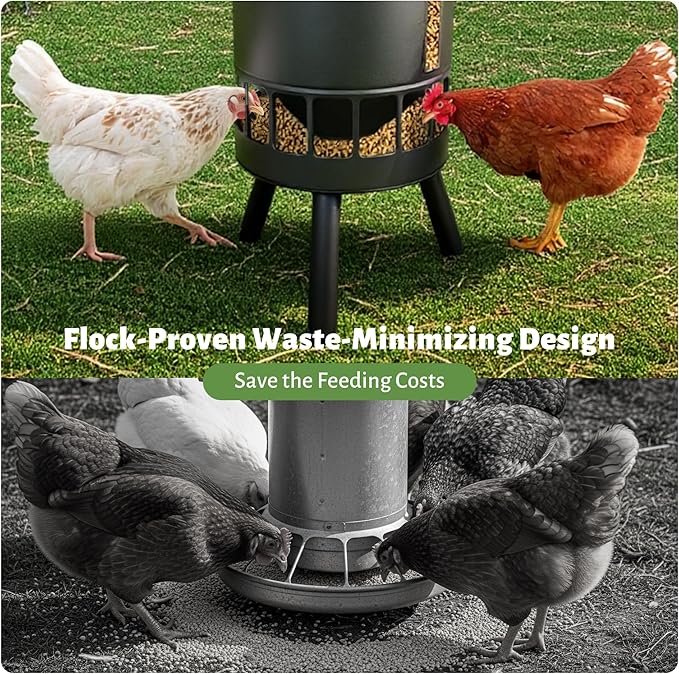 KOL Metal Chicken Feeder No Waste - 50lbs Poultry Feeder with 16 Ports, Powder Coated Rust-Proof Design & Smooth Edges for Safe Feeding (Black)