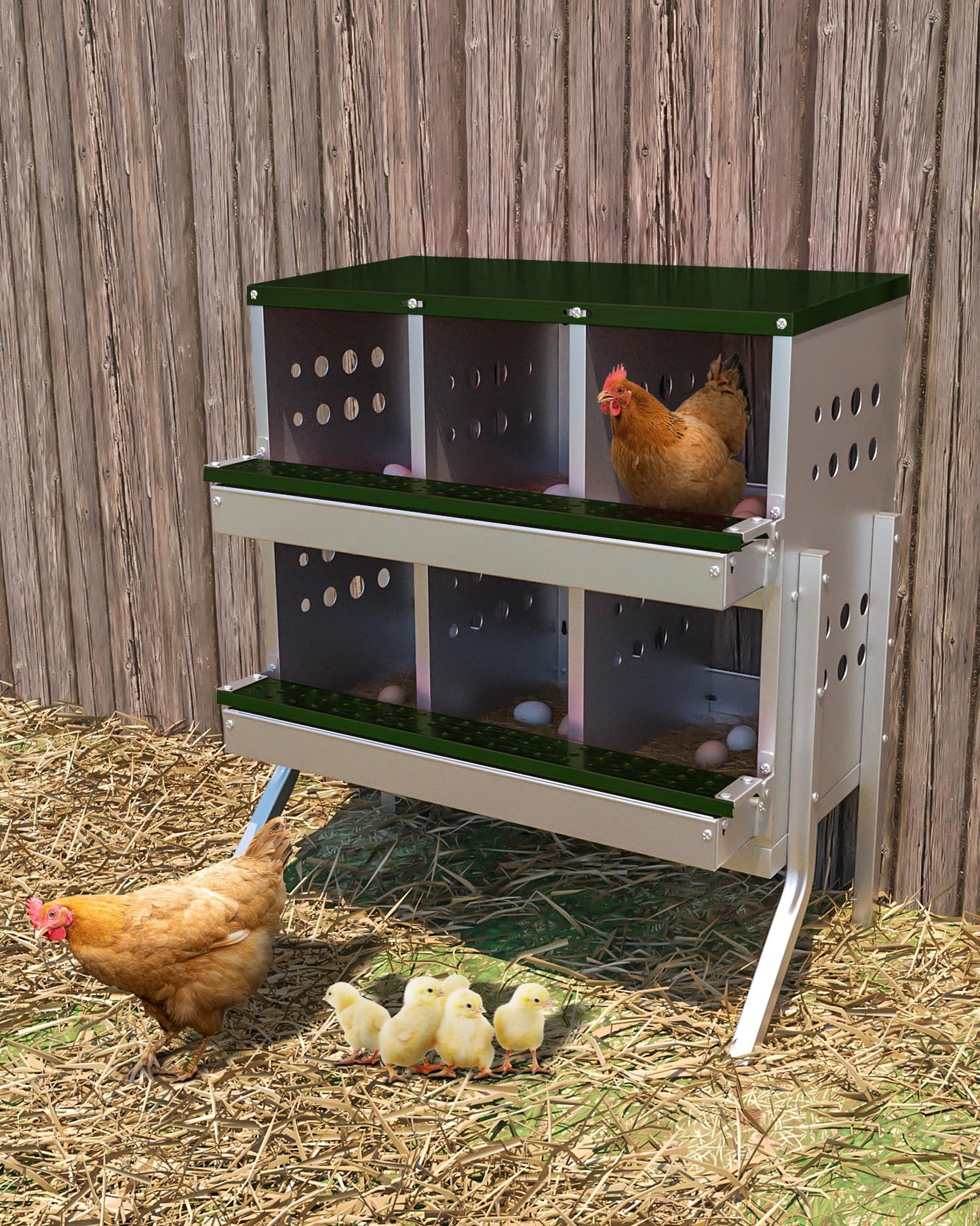 GarveeLife Wall-mountable Roll Away Metal Chicken Nesting Box for Laying Eggs, Rustproof Chicken Laying Boxes for Hens, Ventilated with Perch, Waterproof, 6 Compartments with Legs, Green