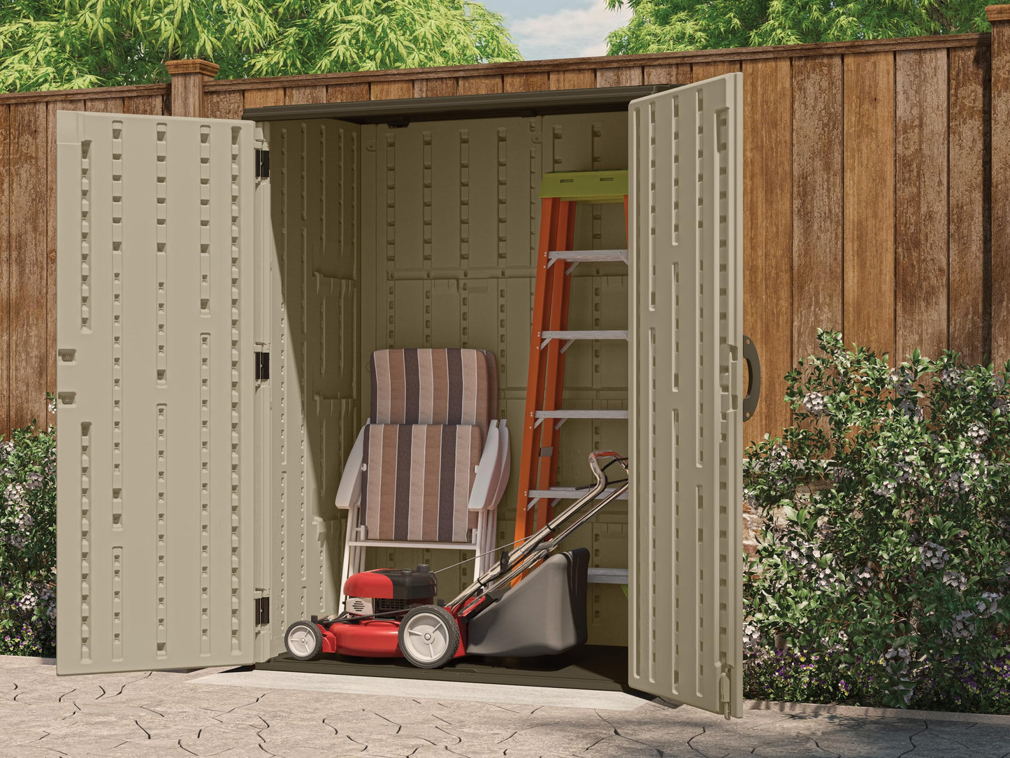 Suncast 54 Cubic Feet Vertical Storage Shed with Durable Plastic Construction, Multiple Wall Panels and Ample Space for Outdoor Storage