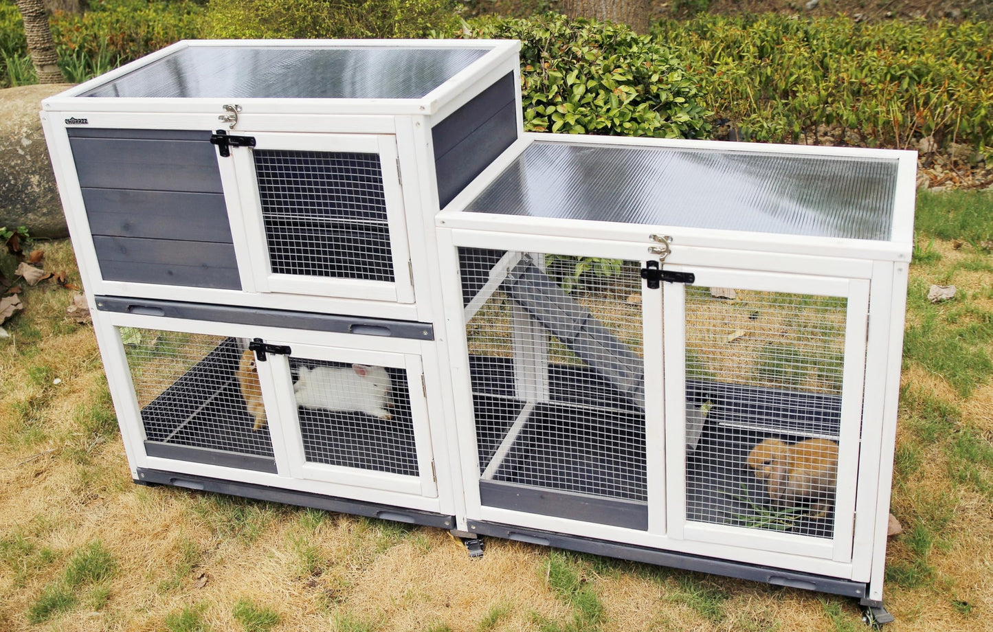 CHURRZZ Indoor and Outdoor Wooden Rabbit Cage, 2-Story, with Wheels, Ramp, 2 Pull-Out Trays, Open Sun Panel Roof, for Rabbits, Guinea Pigs