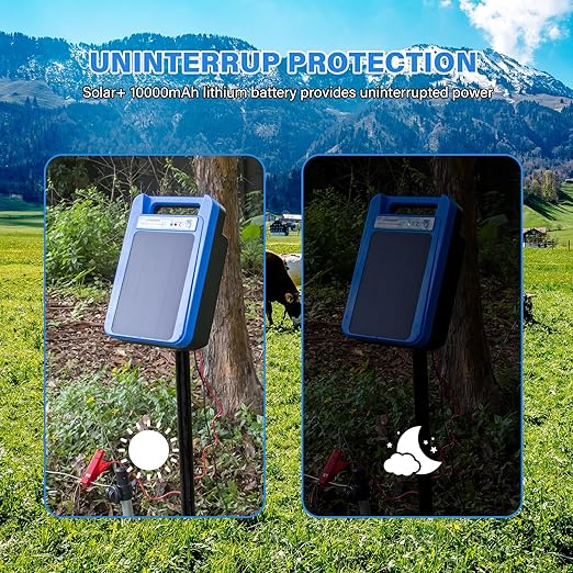 Solar Electric Fence Charger 8 kV - 0.2 Joules, 3-Mile Range, 10000mAh Lithium Battery & 3W Solar Panel - Ideal for Livestock, Pet, Poultry, Gardens, Orchards Protection