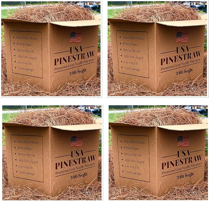 USA Pine Straw - Premium Pine Needle Mulch (Long Needle - 240 Sqft - New Bigger Box 4 Set)