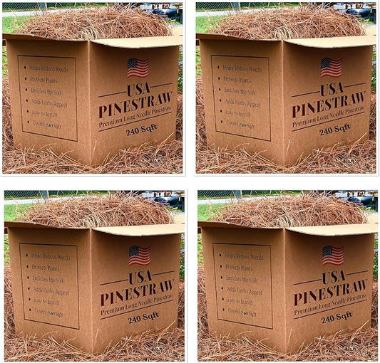 USA Pine Straw - Premium Pine Needle Mulch (Long Needle - 240 Sqft - New Bigger Box 4 Set)