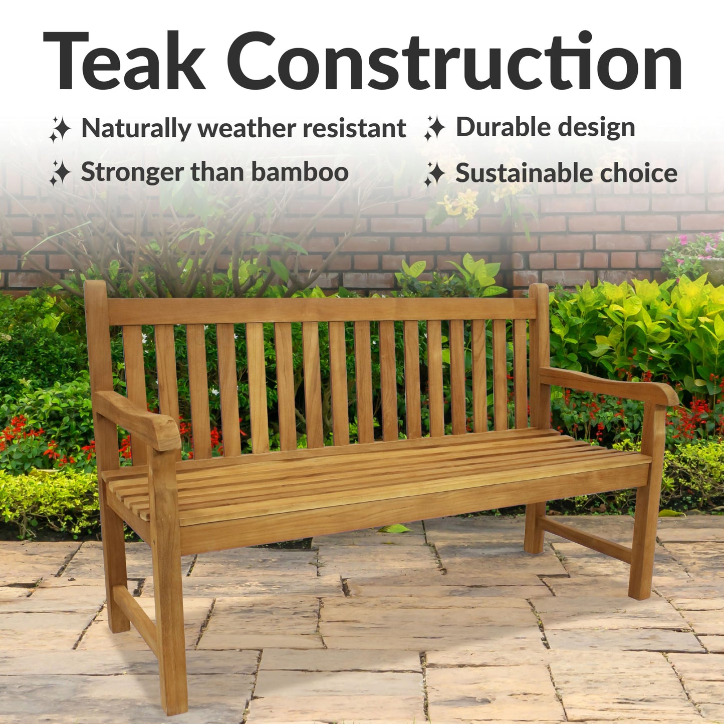 Sunnydaze 2-Person Outdoor Bench for Front Porch or Park - Wooden Teak Patio Garden Bench with Backrest - 675 lb Weight Capacity - Mission