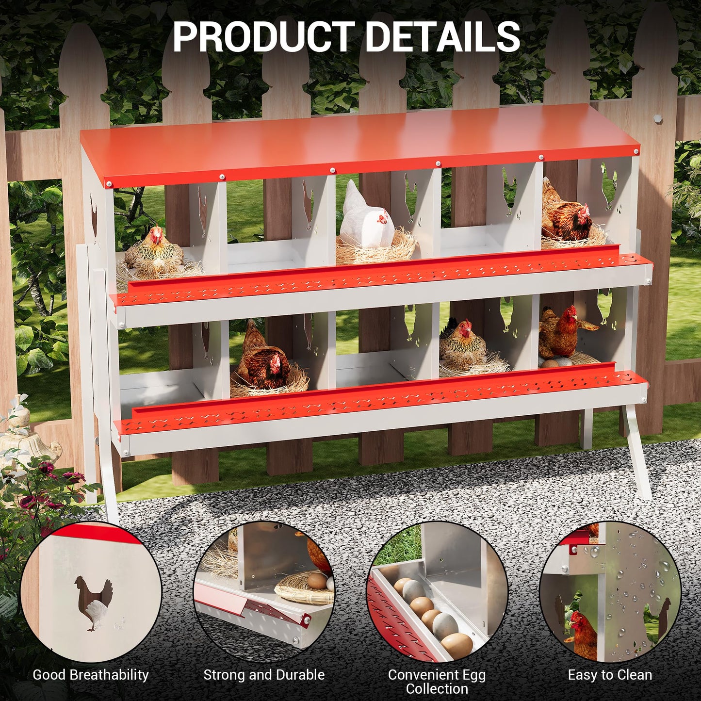 10 Hole Chicken Nesting Box - Galvanized Steel Roll Out Egg Collection with Vented Design | Rustproof Laying Boxes for Hens | Poultry Coop Accessories for Egg Layers, Red with Stand
