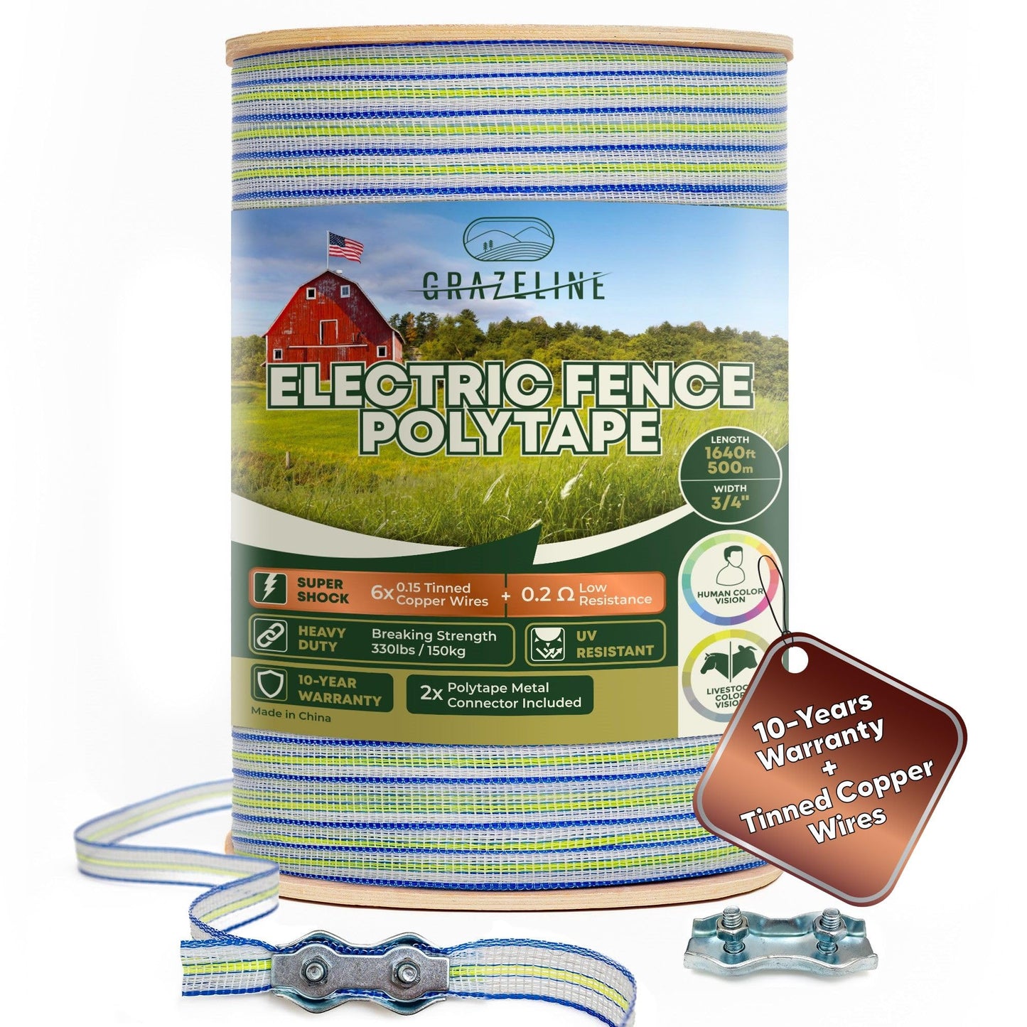 Electric Fence Wire Tape for Livestock 3/4" 1640 Feet (500m) - 6 x Tinned Copper Strands for Superior Shock - Portable Horse Fencing Polytape - UV Rust Corrosion Resistant
