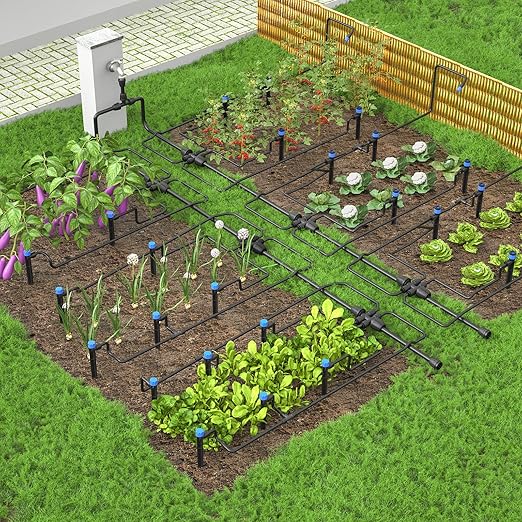 Bonviee Drip Irrigation System, 230FT Garden Watering System with Quick-to-Connect Fittings, Adjustable Drip Emitters, 1/4” & 5/16” Tubing, Drip Irrigation Kit for Raised Garden Beds, Greenhouse, Lawn