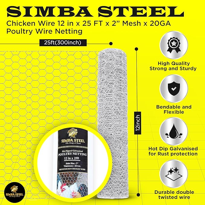 Chicken Wire 12 in x 25 FT x 2” Mesh x 20GA | Poultry Wire Netting | Hot Dipped Galvanised | Hexagonal Galvanized Mesh for Chicken Coop, Rabbit Cage, Fence Barrier PM12x25x2