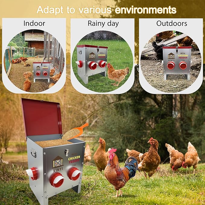 XINYI 35 lb Automatic Chicken Feeder 6 Ports, Metal Chicken Feeder No Waste, Rodent Proof Chicken Food Dispenser System, Weatherproof Duck Feeder 7.1 Gallon