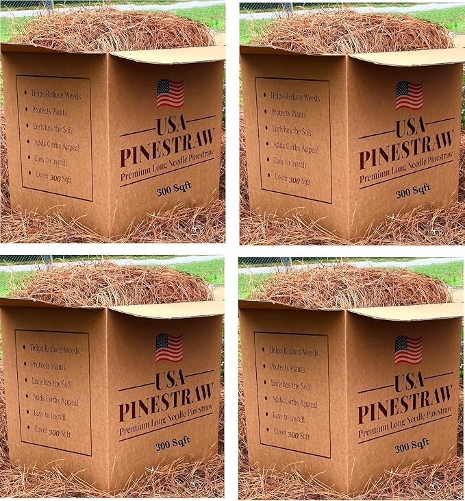 USA Pine Straw - Premium Pine Needle Mulch (Pine Needle Mulch - Covers 300 Sqft (1) (4) Set)