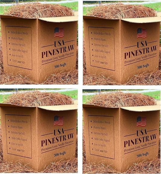 USA Pine Straw - Premium Pine Needle Mulch (Pine Needle Mulch - Covers 300 Sqft (1) (4) Set)