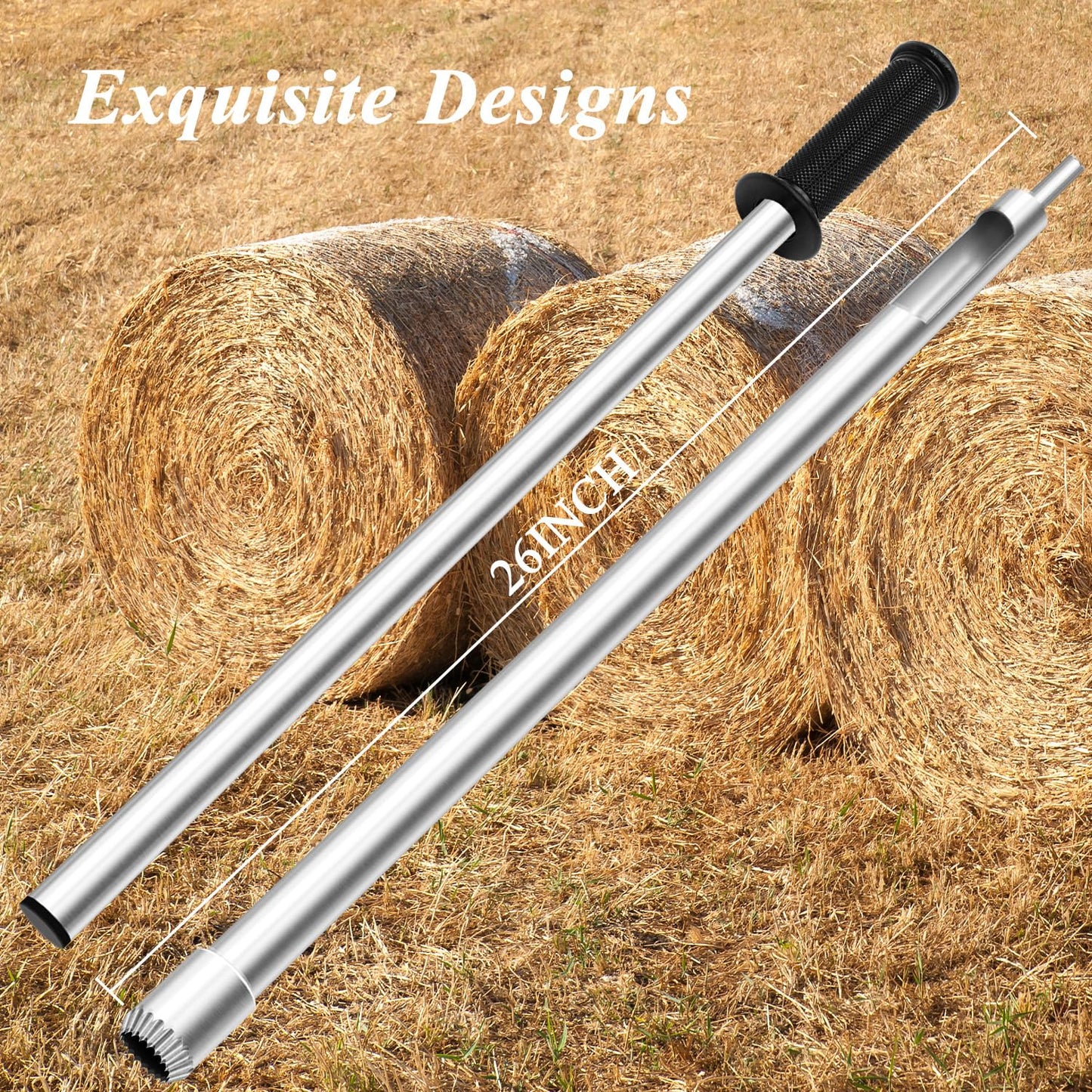 Hay Probe Bale Sampler, 26 Inch Stainless Steel Hay Core and Forage Probe for Drill, Serrated Tip Design, Accurate Hay Testing, Comes with Dowel and Metal File for Resharpening