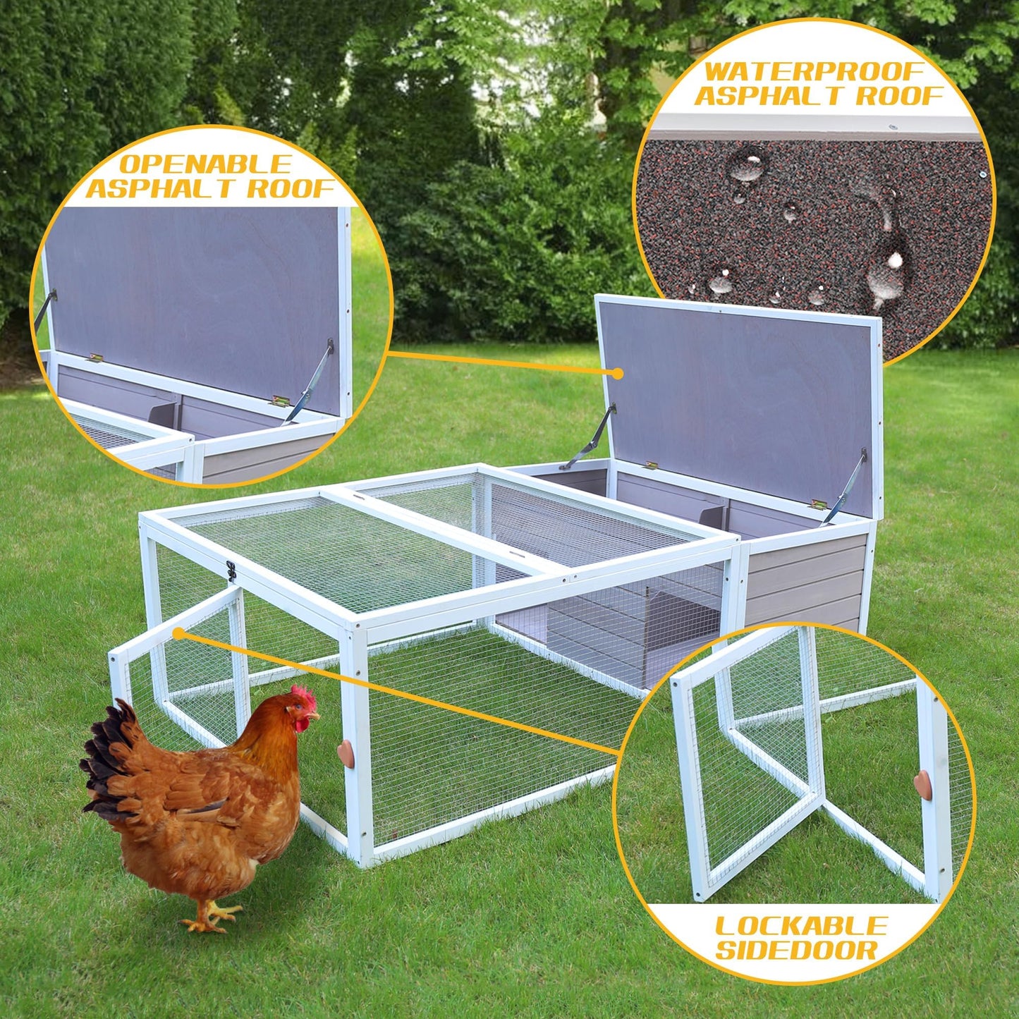 Chicken Coop with Run, 60” Rabbit Hutch with Cover Outdoor, Large Tortoise Habitat Pet Cage Wood Small Animal Poultry Cage Run with Waterproof Asphalt & Openable Roof and Side Door