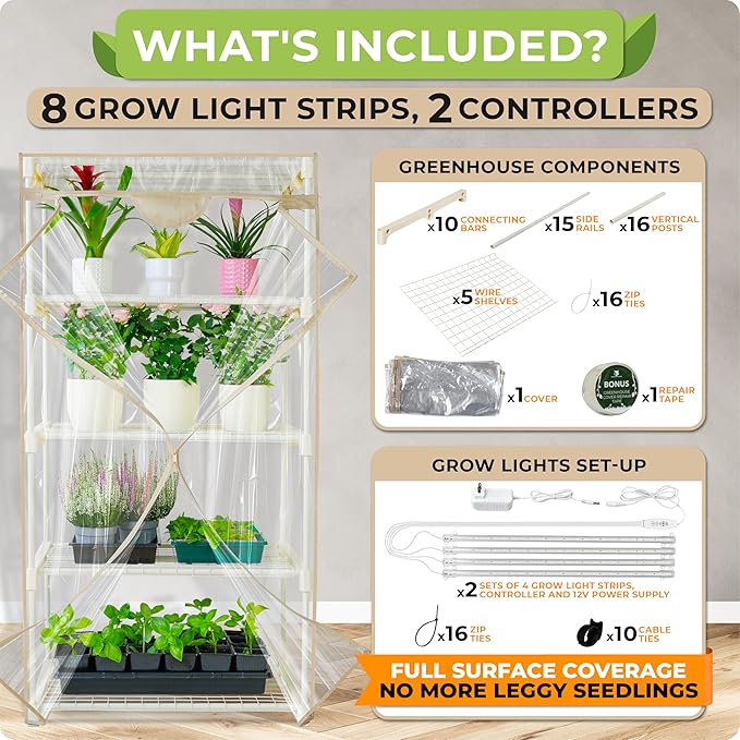 Carpathen Indoor Greenhouse with Grow Lights - 4 Tiers 27.2"L x 19.3"W x 54"H with 2 Dimmable 15W Full Spectrum LED Light Strips and Spectrum Control - Mini Greenhouse with Waterproof Zipped PVC Cover