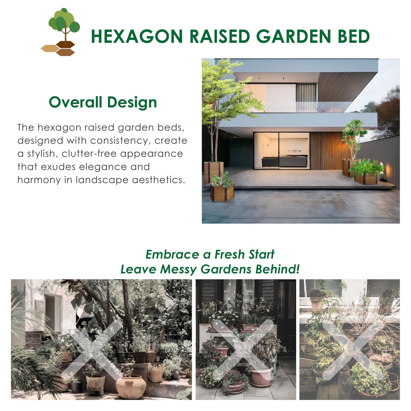 Aluco Wood Hexagon WPC Raised Garden Bed, Expandable Modular Planter for Vegetables, Flowers, Herbs and shrubs with Protective Liner, Easy Assembly